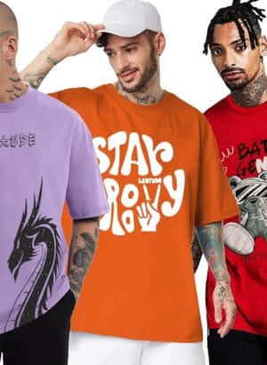 LEOTUDE Half Sleeve Oversized Printed T-Shirt for Men, Round Neck Longline Drop Shoulder | Colorful Printed Combo T-Shirt (Pack of 3)