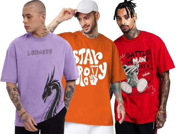 LEOTUDE Half Sleeve Oversized Printed T-Shirt for Men, Round Neck Longline Drop Shoulder | Colorful Printed Combo T-Shirt (Pack of 3)