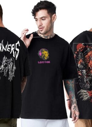 LEOTUDE Men's Oversized Tshirt Drop Shoulder Colorful Printed Combos (Pack of 3)