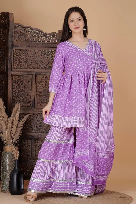 Purple Cotton Festive Handwork Printed Kurta Sharara Dupatta for Women - Image 5