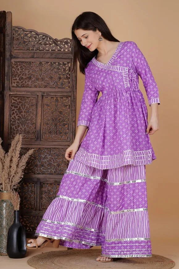 Purple Cotton Festive Handwork Printed Kurta Sharara Dupatta for Women - Image 4