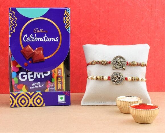 SFU E Com Cadbury Celebration Chocolates | Set of 2 Rakhi with Chocolates | Rakhi Cadbury Chocolate Hamper | Roli, Chawal, Chandan, Misri | 004