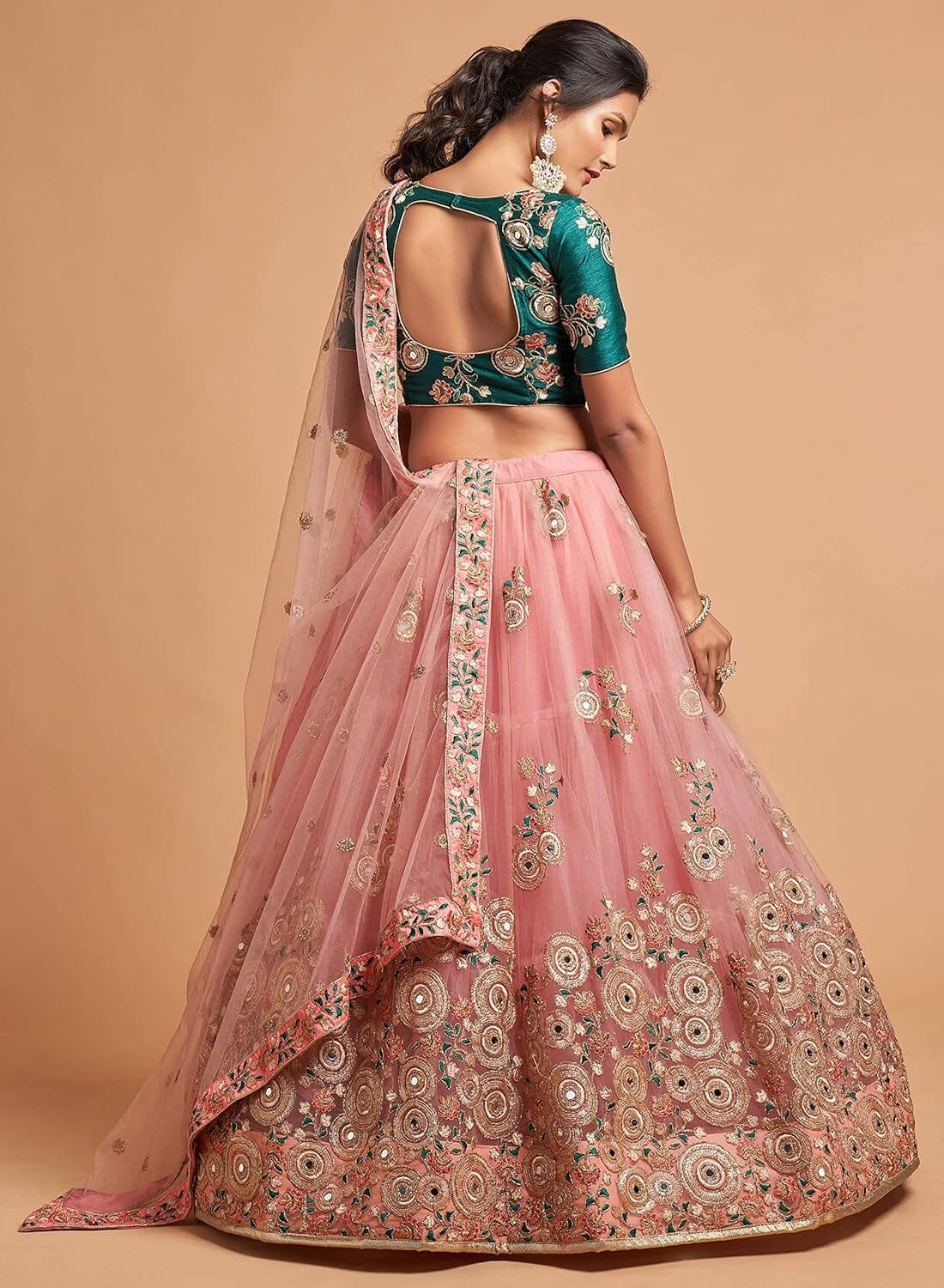 Women's Net Embroidered Semi-Stitched Bridal New Lehenga Choli with Dupatta (7315-Peach-Green-Wedding-Latest-Lehenga; Free Size) - Image 5