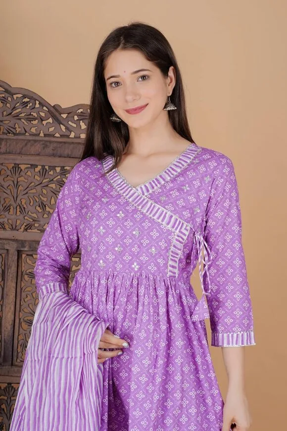 Purple Cotton Festive Handwork Printed Kurta Sharara Dupatta for Women - Image 6