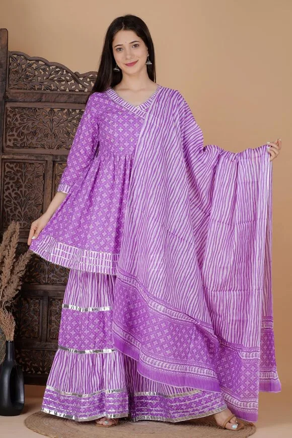 Purple Cotton Festive Handwork Printed Kurta Sharara Dupatta for Women - Image 2