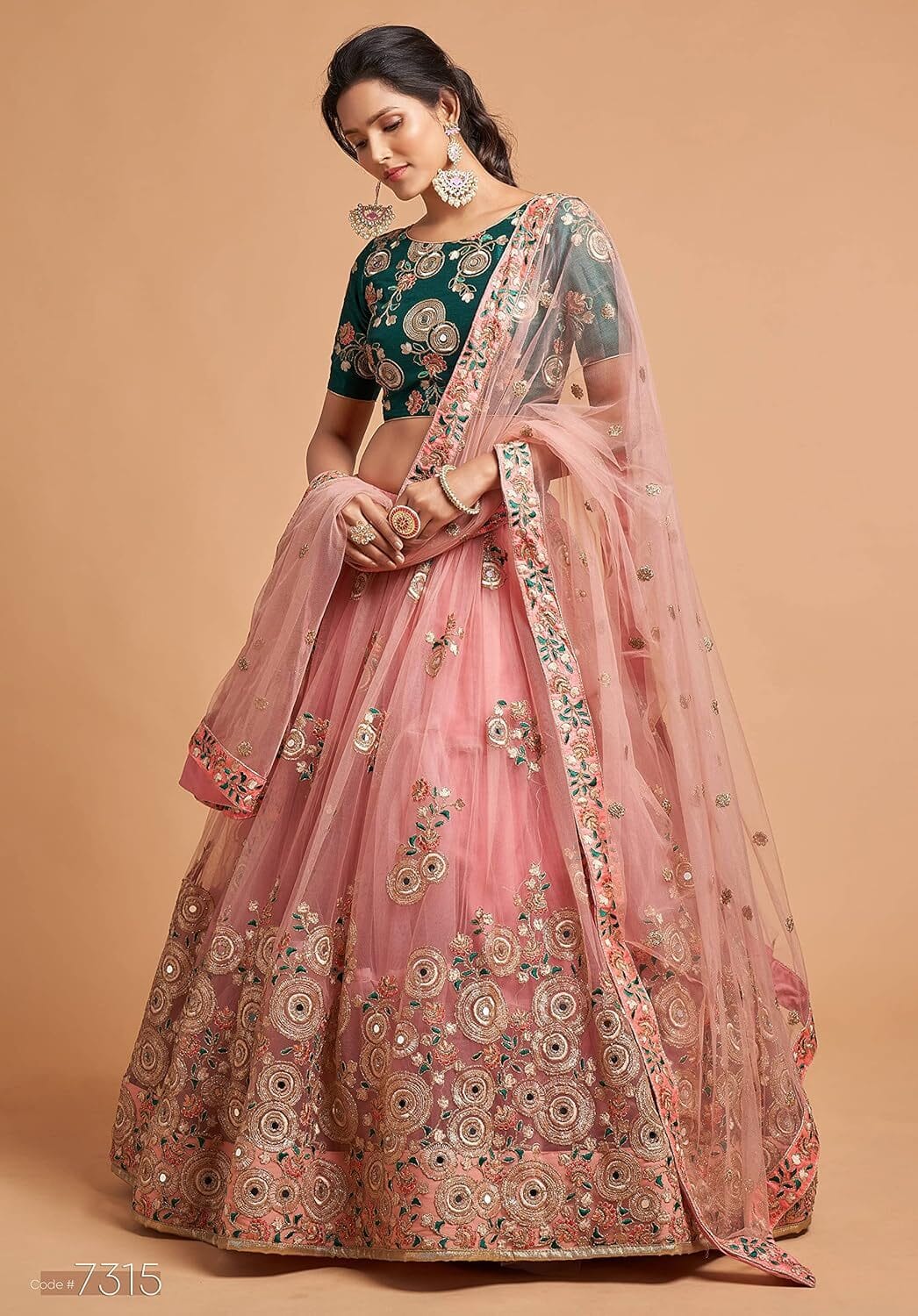 Women's Net Embroidered Semi-Stitched Bridal New Lehenga Choli with Dupatta (7315-Peach-Green-Wedding-Latest-Lehenga; Free Size) - Image 2