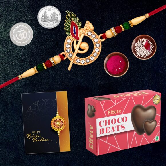 rakhi Oblivion Rakhi combo Gift For Brother with center filled chocolate | Golden color Rakhi | Rakhi Gift for Brother/Sister | Rakkhi for Men | Rakhi Set Of 1| With Greeting Card,Roli-Chaval,Coin(K1_703_CB32)