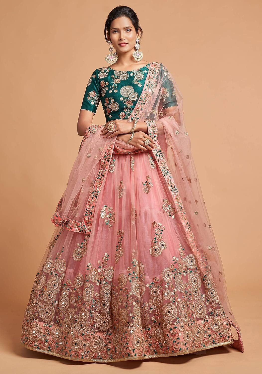 Women's Net Embroidered Semi-Stitched Bridal New Lehenga Choli with Dupatta (7315-Peach-Green-Wedding-Latest-Lehenga; Free Size) - Image 6