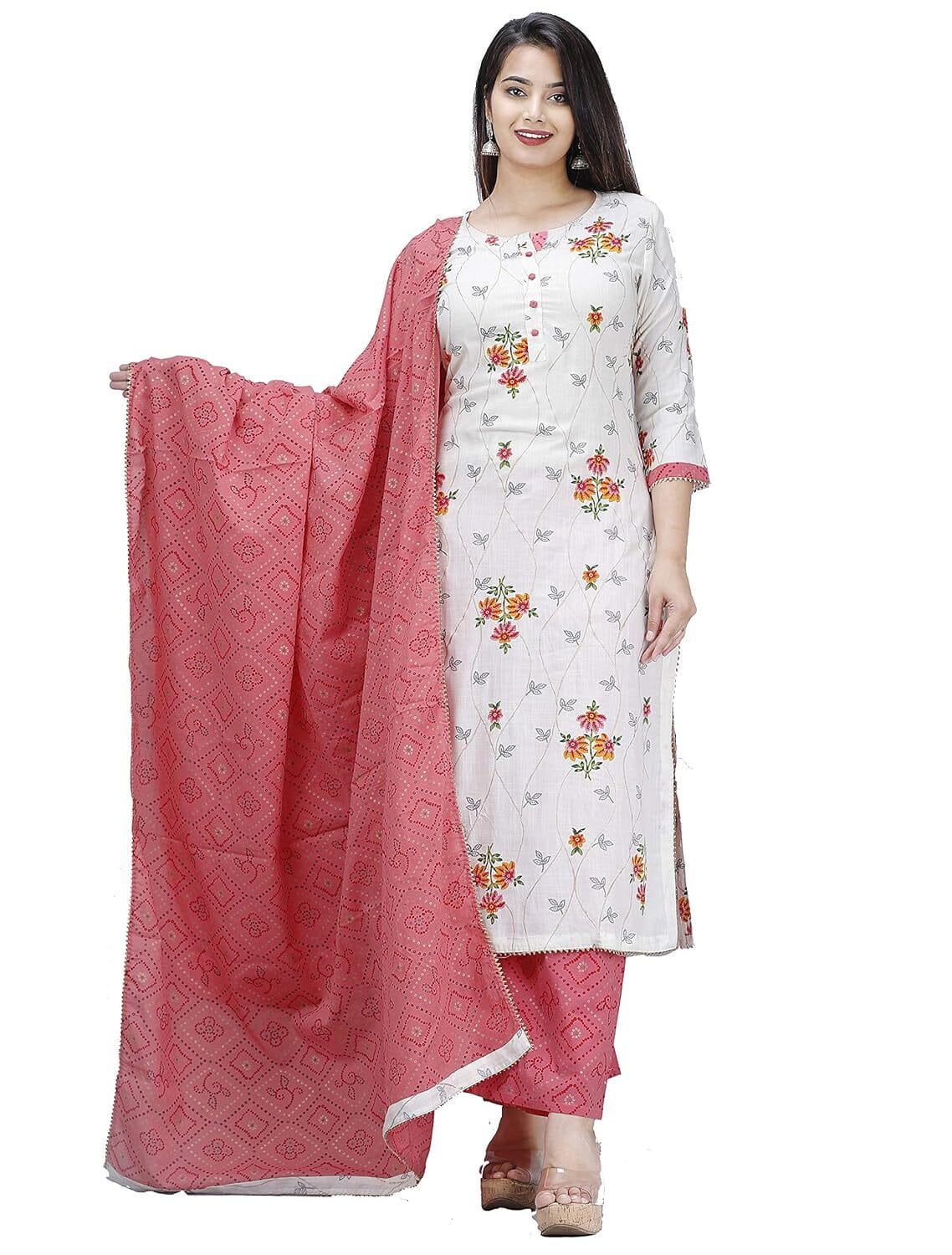 Women Pink Cotton Printed Kurta With Palazzo & Dupatta Set