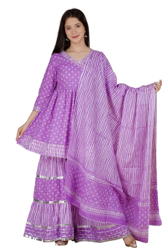 Purple Cotton Festive Handwork Printed Kurta Sharara Dupatta for Women
