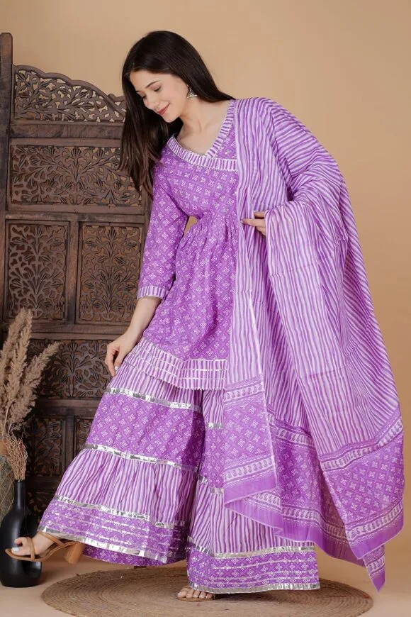 Purple Cotton Festive Handwork Printed Kurta Sharara Dupatta for Women - Image 3