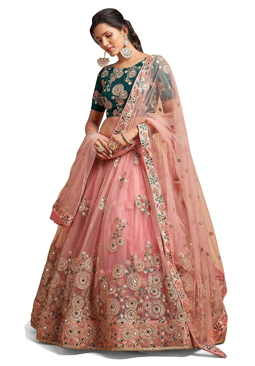 Women's Net Embroidered Semi-Stitched Bridal New Lehenga Choli with Dupatta (7315-Peach-Green-Wedding-Latest-Lehenga; Free Size)