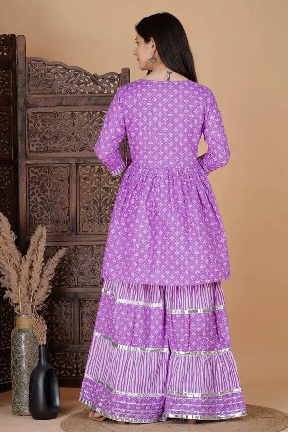Purple Cotton Festive Handwork Printed Kurta Sharara Dupatta for Women - Image 8