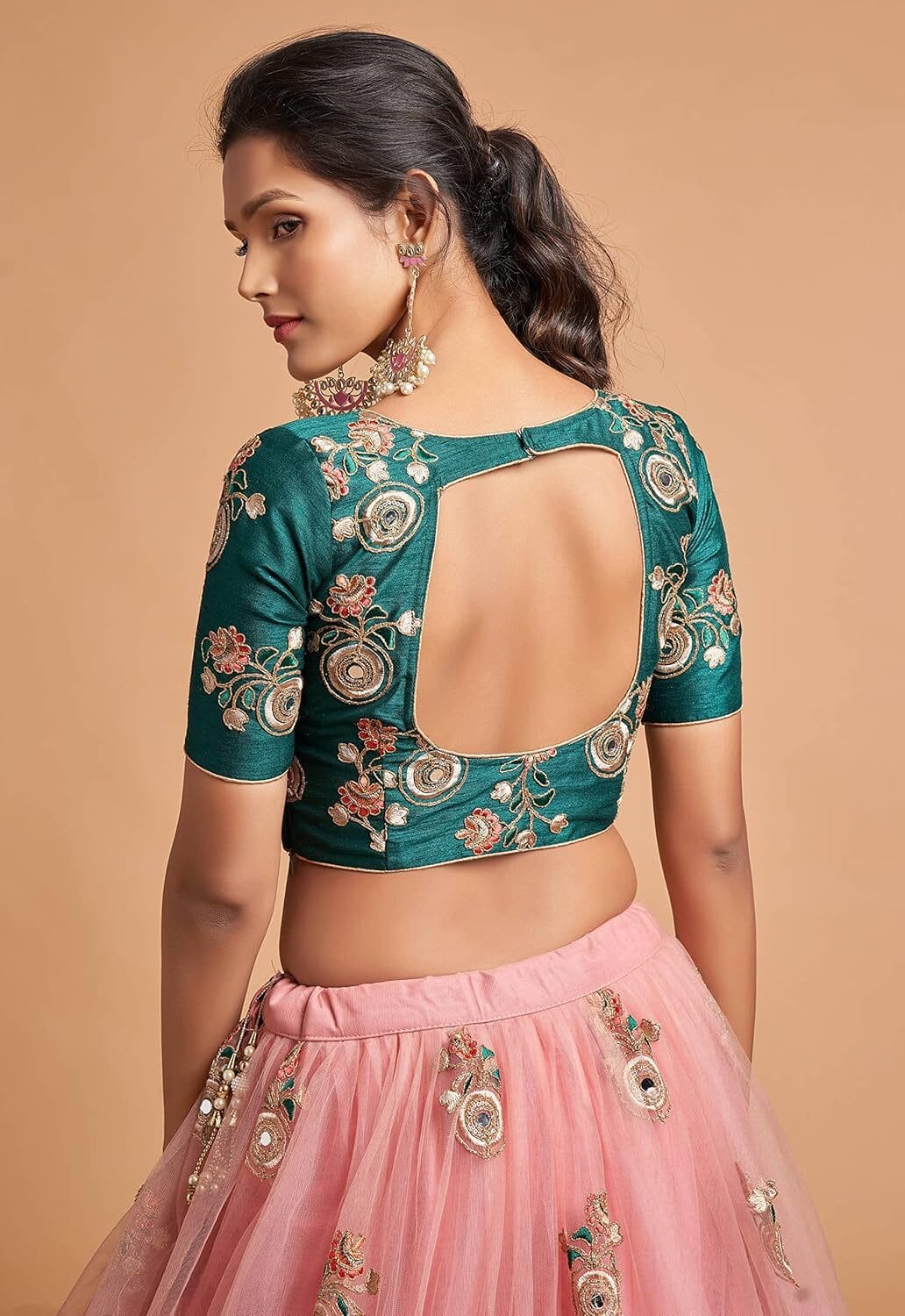 Women's Net Embroidered Semi-Stitched Bridal New Lehenga Choli with Dupatta (7315-Peach-Green-Wedding-Latest-Lehenga; Free Size) - Image 4